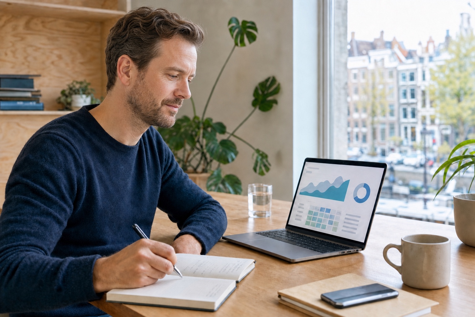 Analyse van AI-zichtbaarheidsdata op een laptop met genoteerde resultaten